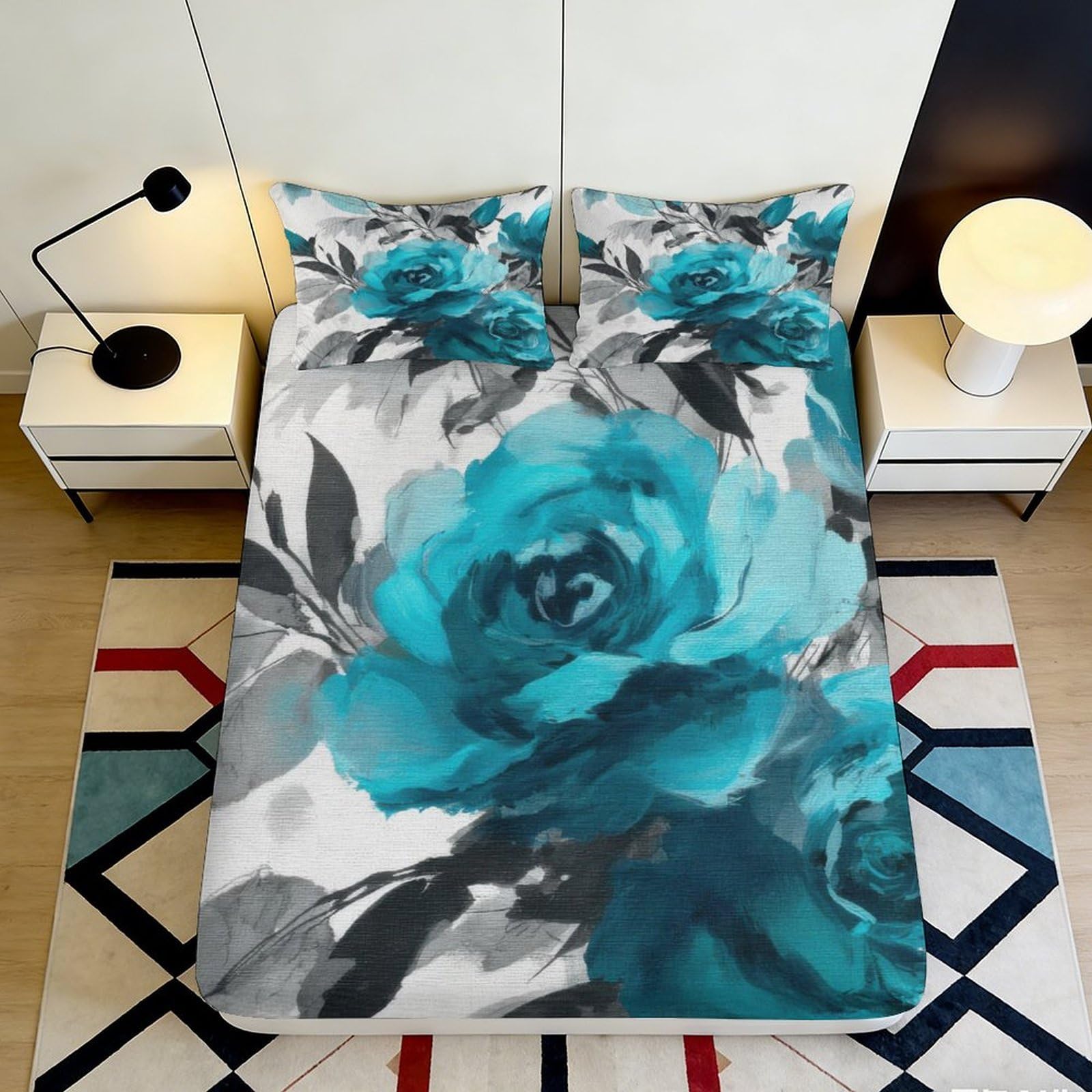 3D Printed Teal Rose Fitted Sheet Microfiber Artistic Blue Floral Mattress Cover Bedroom Guest Room Decor 90x200x25cm