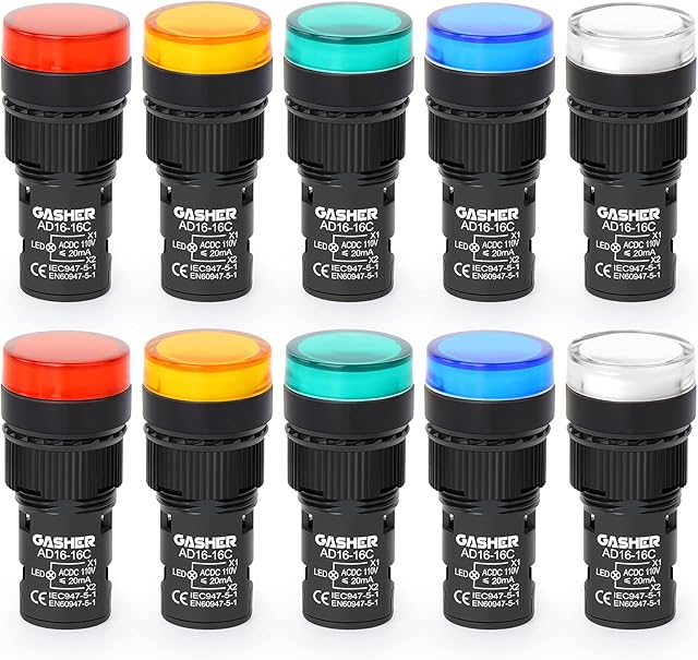 GASHER 12V/24V/110V 20mA Energy Saving Indicator Light Mounting Hole Size 16mm Green Yellow Red Blue White 10 Pcs