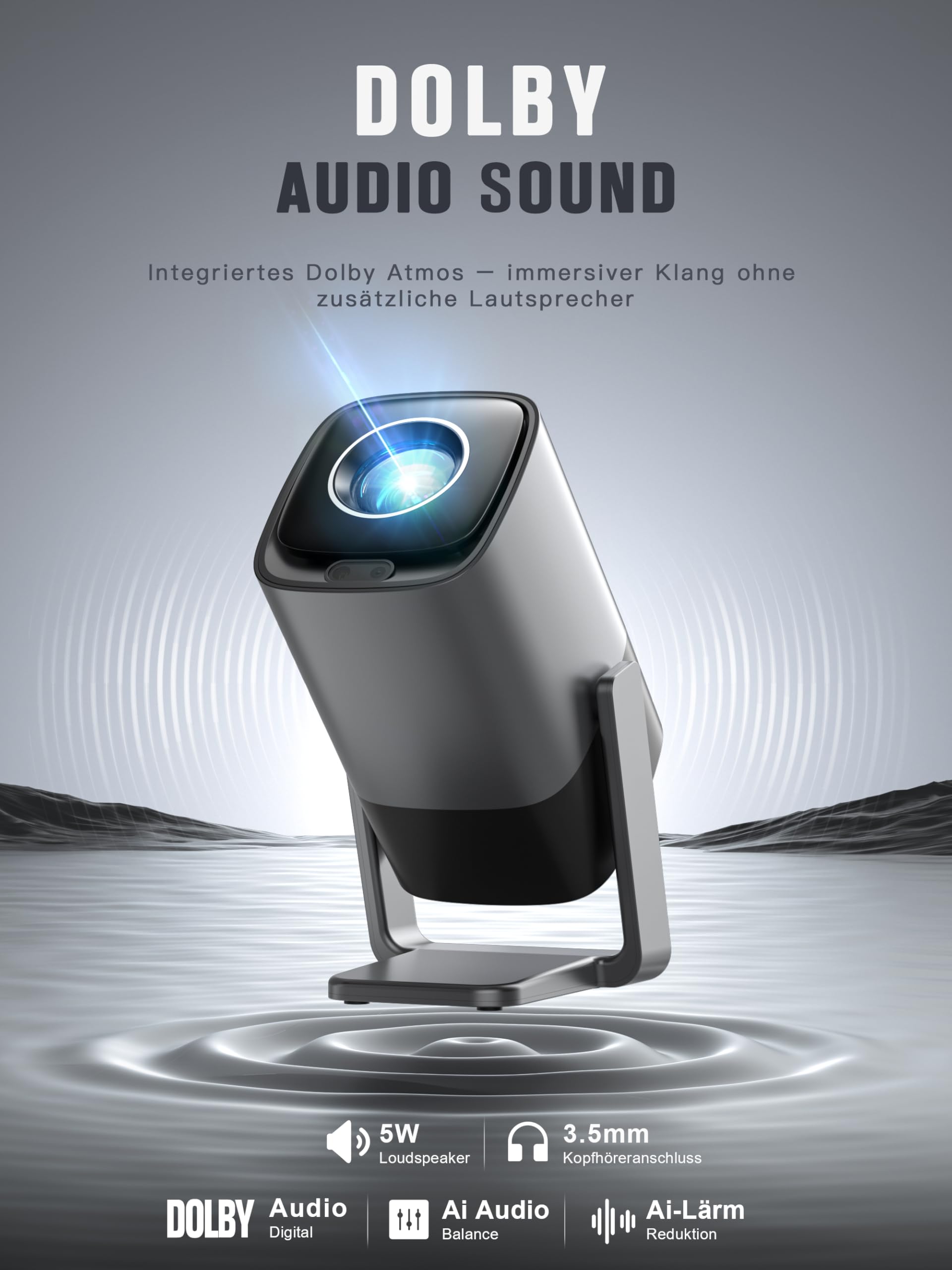 Smart Mini Beamer 4K Kompatibel mit Netflix & Dolby Audio, XuanPad 30000 Lumen Beamer mit TOF Autofokus & Trapezkorrektur, WiFi6 & Bluetooth, 210° Heimkino/Outdoor Silver Projektor für Handy/PC