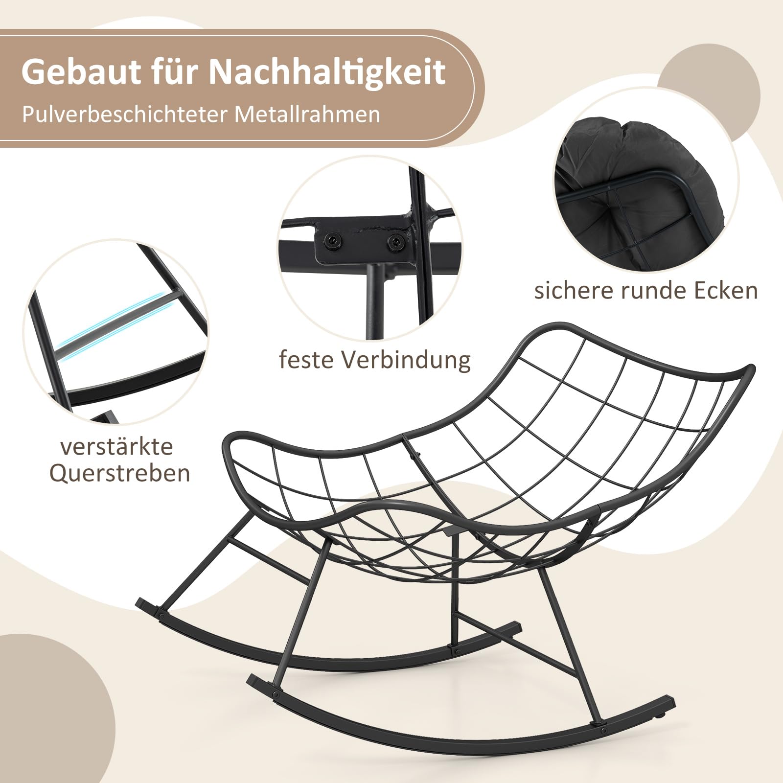 RELAX4LIFE Schaukelstuhl, Schwingsessel mit gepolstertem Kissen & Metallrahmen, Relaxstuhl bis 205 kg belastbar, Schaukelsessel Extra Groß für Garten, Schlafzimmer, Wohnzimmer, 110x95x94 cm (Grau)