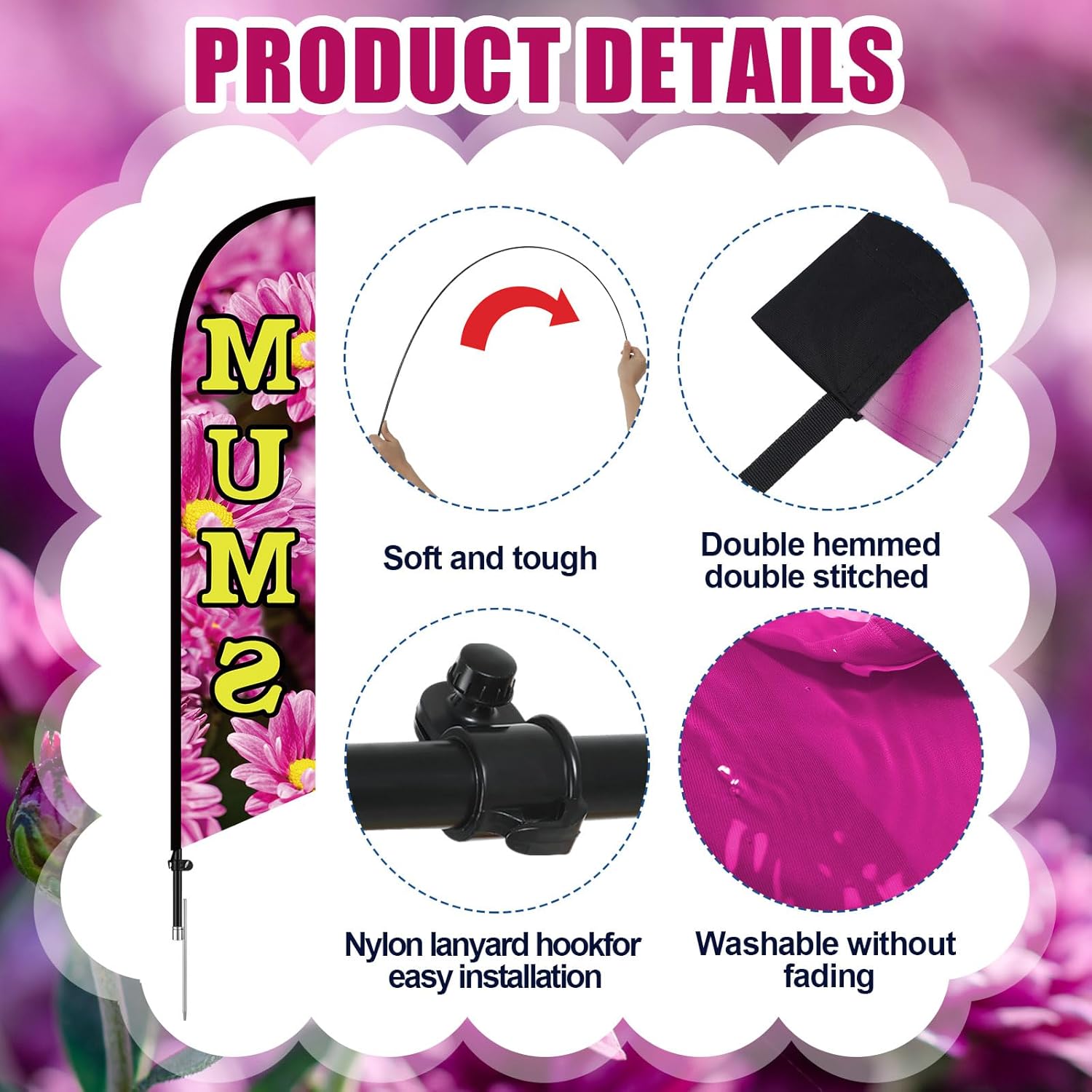 Remagr MUMS (Chrysanthemums) Feather Banner Flag Kit - 12 x 2.5 ft Purple Advertising Flag with 15ft Black Metal Pole, Weatherproof Knitted Polyester Outdoor Sign for Farmers Market & Garden Sales