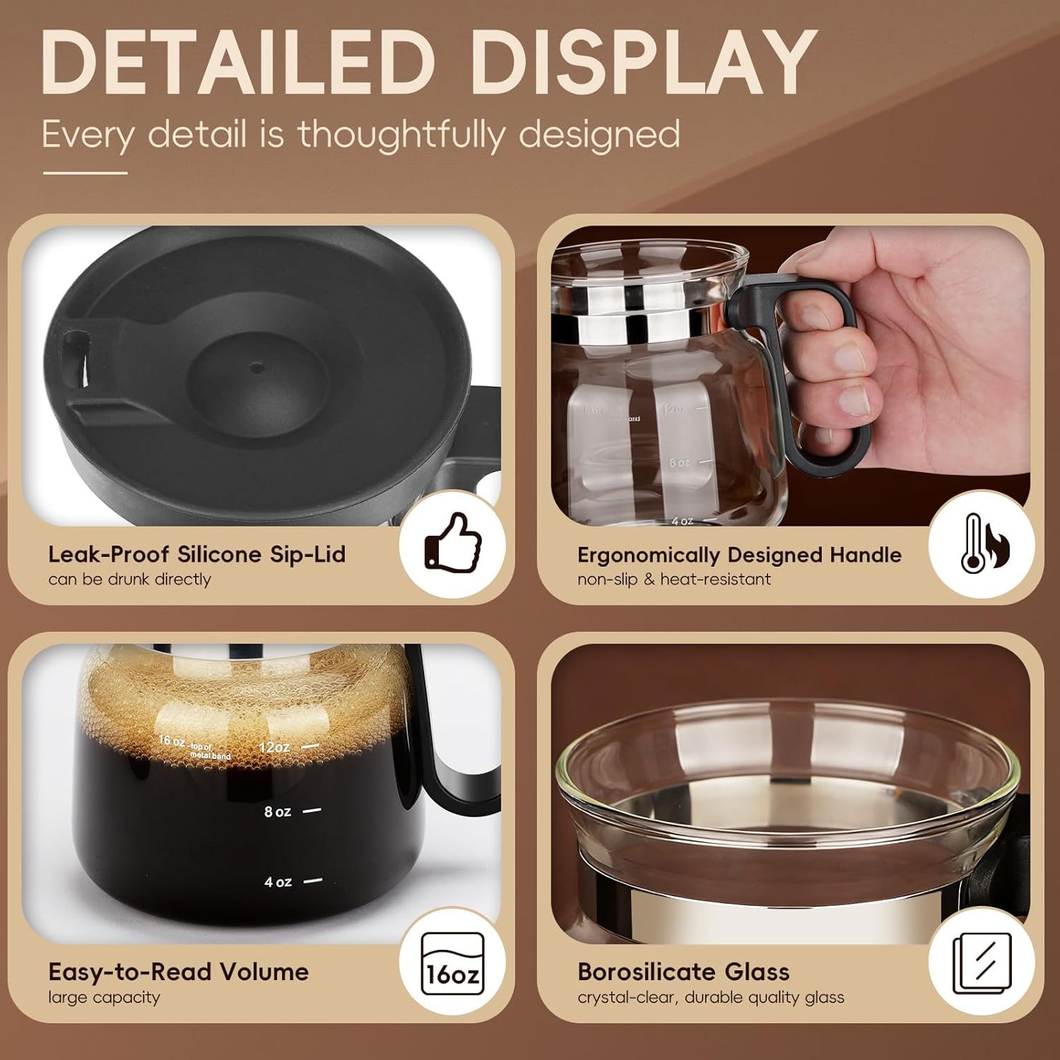 Coffee Pot Mug,16Oz Mini Glass Coffee Pot Coffee Mug with Spill Proof Lid & Heat Proof, Coffee Pot Cup Gifts for Coffee Lovers (1PC) - Image 4