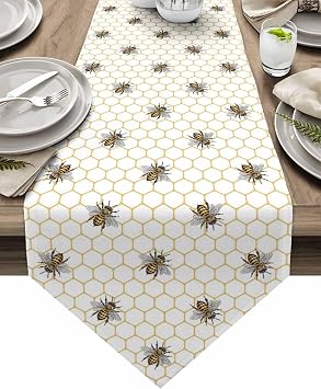 Bee Table Runner 13x108inch Durable Dining Room Table Runners fit Rectange and Round Table Decorations for Kitchen/Hotel, Bee Pattern on Yellow Beehive Background