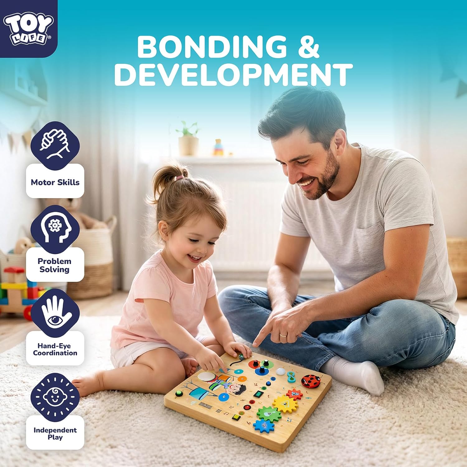 TOY Life Montessori Wooden Busy Board for Toddlers, Baby Fidget Boards with LED Light Switches, DJ Music Game, 4 Gears, Sensory Toys Light Switch Travel Toys for 1+ Year Old Baby and Toddler