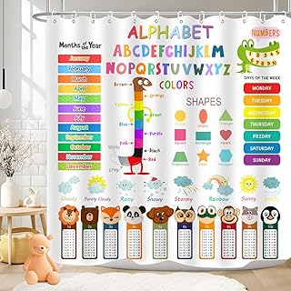 ZXMBF ABC Educational Shower Curtain Kids Learning Tool Funny Cartoon Animals Colors Shapes Weathers Multiplication Table Girls Boys Colorful Decor Waterproof Fabric 72Lx72W Inch with Hooks