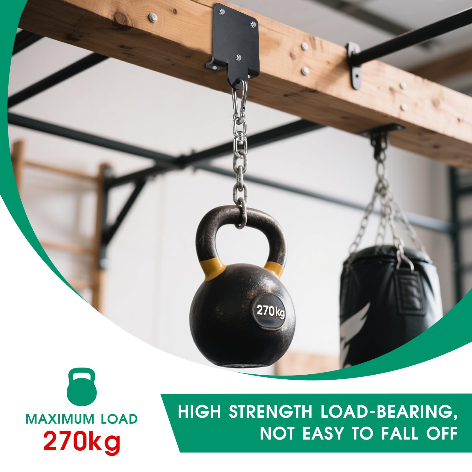 1 Pezzo Supporto Pesante per Sacco da Boxe – Staffa da Parete/Soffitto – Ganci Robusti Girevoli a 360° per Travi in Legno – per Allenamenti di Boxe, Muay Thai, Yoga Aereo, Altalene, Amaca