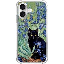Van Gogh Flower Cat Art Phone Case Compatible with iPhone 17, Black Cat Blue Flower Girl Women Men Unique Soft TPU Bumper Cover Case for iPhone 17
