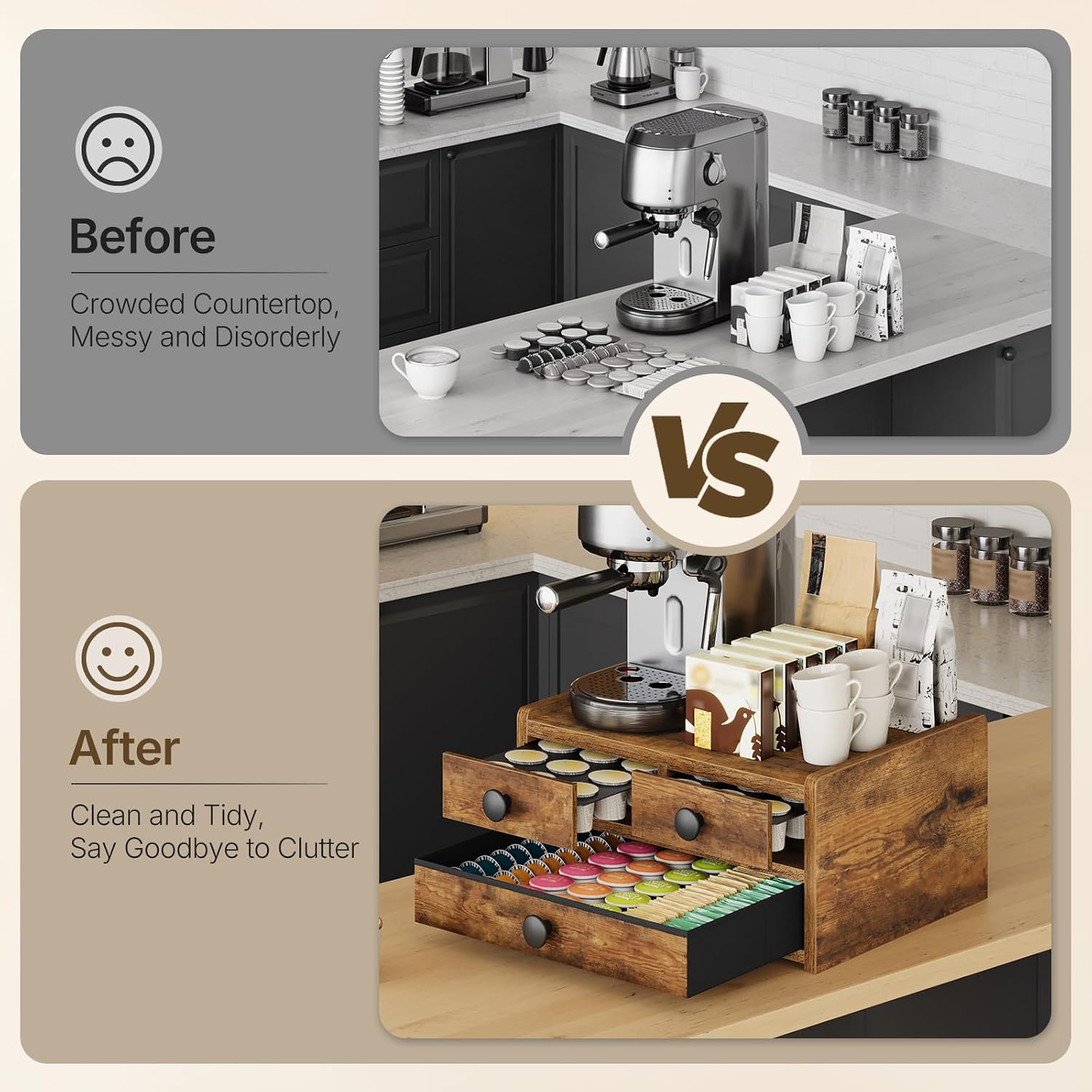 YATINEY Coffee Pod Holder, Compatible with K Cup & Nespresso Vertuo Pods, Tea Bags, Coffee Bar Organizer with 3 Drawers, Space Saving, Rustic Brown KH12BR