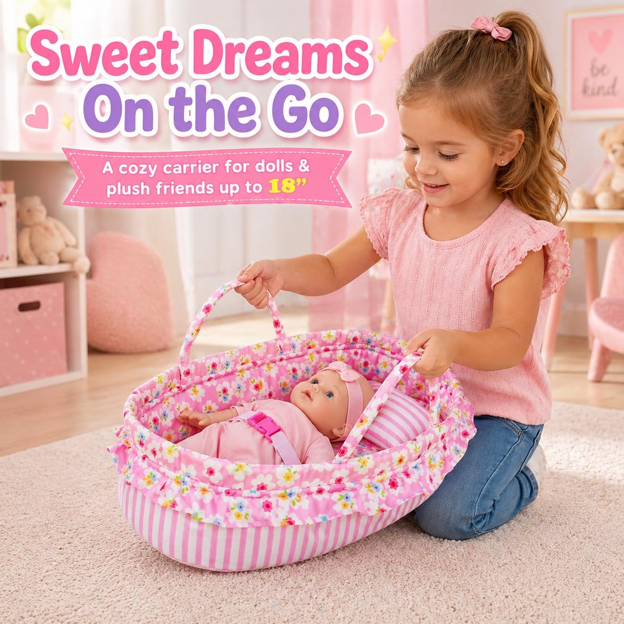 June Garden Cozy Dream Doll Bassinet - Baby Doll Portable Carrier - Fits for American Girl Dolls up to 18" - Soft Pillow & Safety Buckle Included