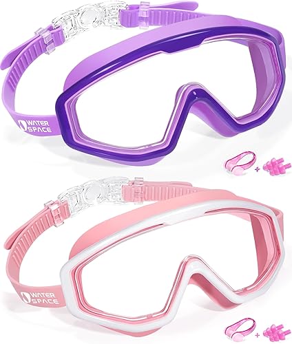Water Space Paquete de 2 gafas de natación para niños y niñas de 3 a 15 años, visión amplia, antivaho con protección UV e impermeables