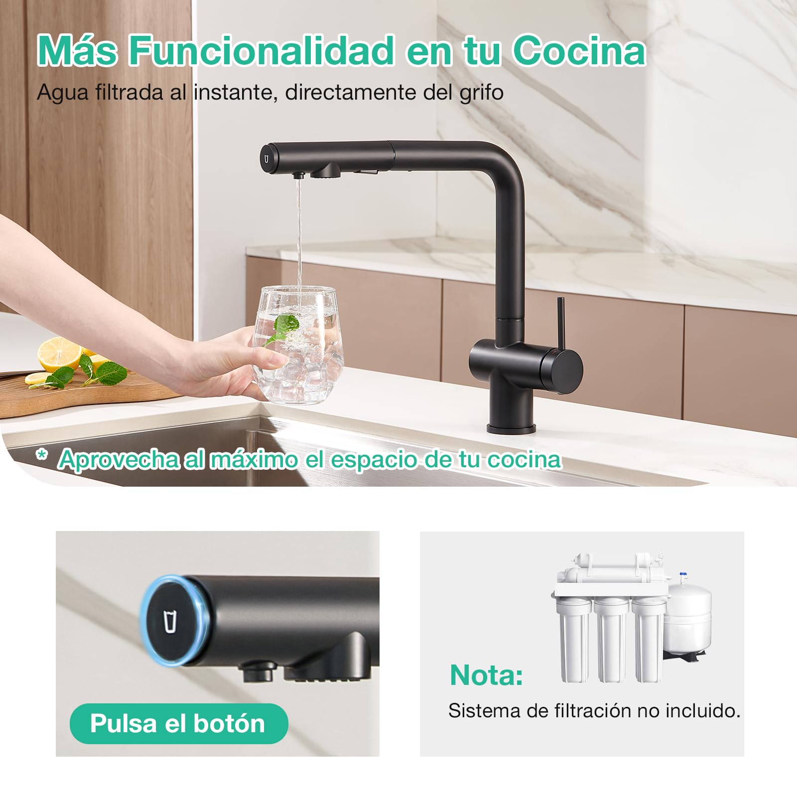 Faustina Grifo de Cocina para Fregadero de 3 vías con Ducha Extensible, Mezclador Monomando de Agua Potable para Sistema de Ósmosis y Filtro, negro
