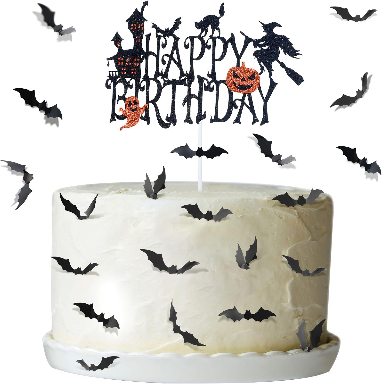Halloween Happy Birthday Witch Cake Topper with 30 Pieces 3D Bats Cake Decoration Black Glittery Halloween Pumpkin Cake Topper Ghost Cake Picks for Birthday Halloween Party Supplies