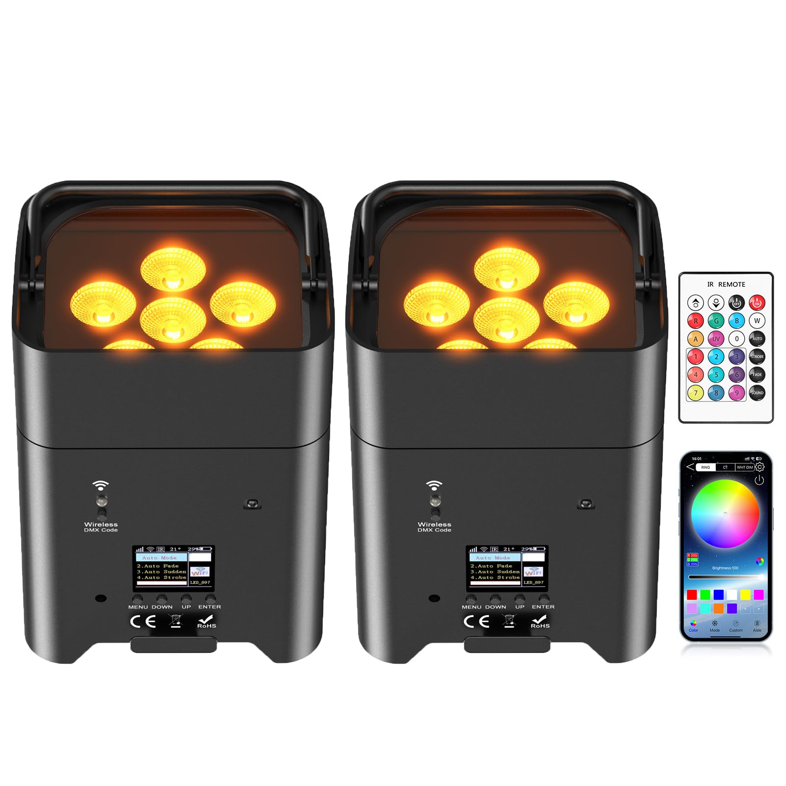 2er 108W Akku led par scheinwerfer strahler RGBWA+UV DMX wiederaufladbarer Batterie partylicht Bühnenlicht mit Fernsteuerung/APP/IR disco licht für dj Bar KTV Band Geburtstag Hochzeit