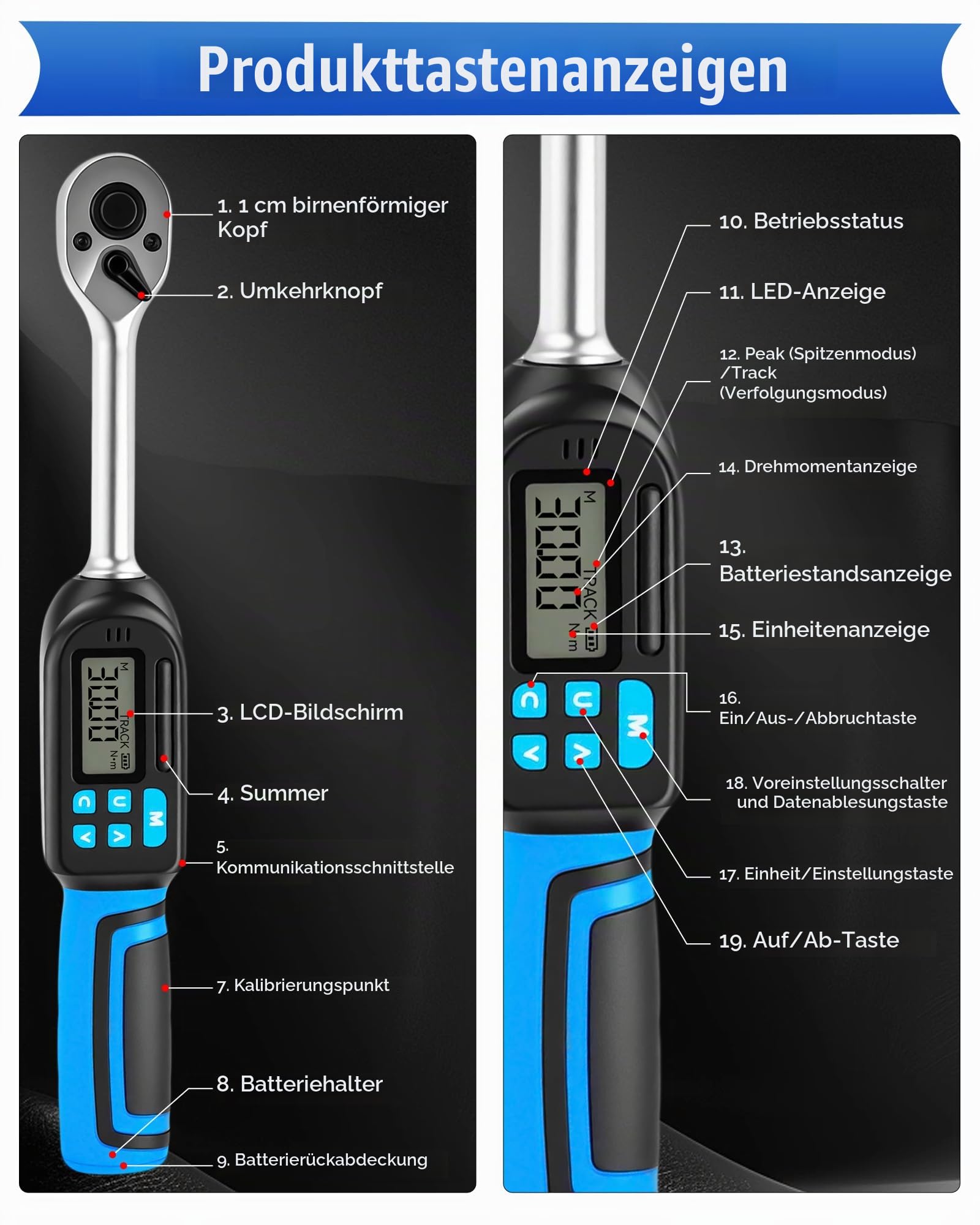 Digitaler Drehmomentschlüssel mit 3/8 zoll Antrieb, 3-60Nm Drehmomentbereich, ±2% Genauigkeit, Akustischer und LED-Alarm, Peak & Follow-Modus, für Fahrrad, Motorrad und Auto
