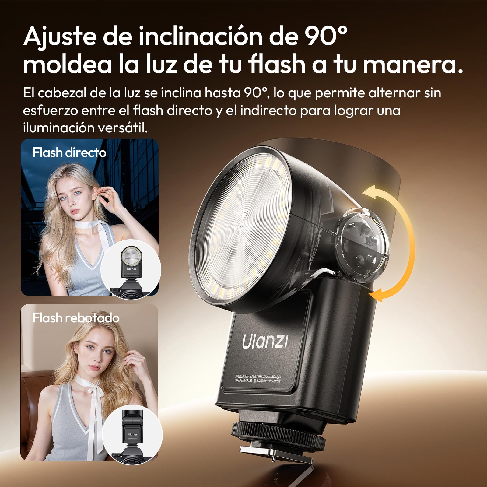 ULANZI F16R Mini cámara flash Speedlite, GN16 2 en 1 flash luz de vídeo, 7 niveles de potencia (1/64~1/1), inclinación de 90°, 2500-6500K, 550 flashes, zapata universal con difusor para Sony, Canon
