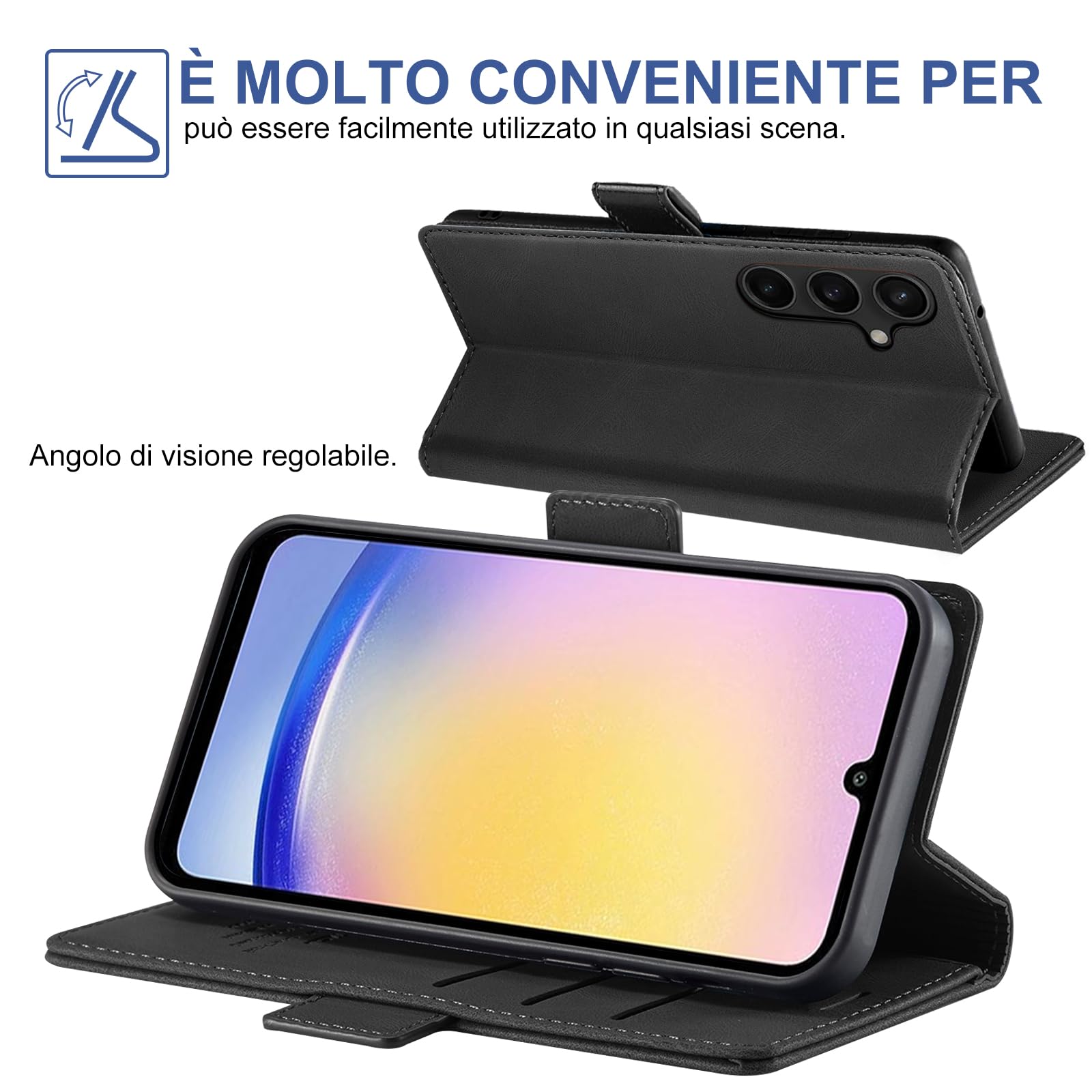 Giyer Cover per Samsung Galaxy A25 5G Custodia con Vetro Temperato, Premium Pelle PU Portafoglio Slot per Scheda RFID Antifurto Funzione Supporto Flip Case, Antiurto per Samsung A25 5G Cover (Nero)
