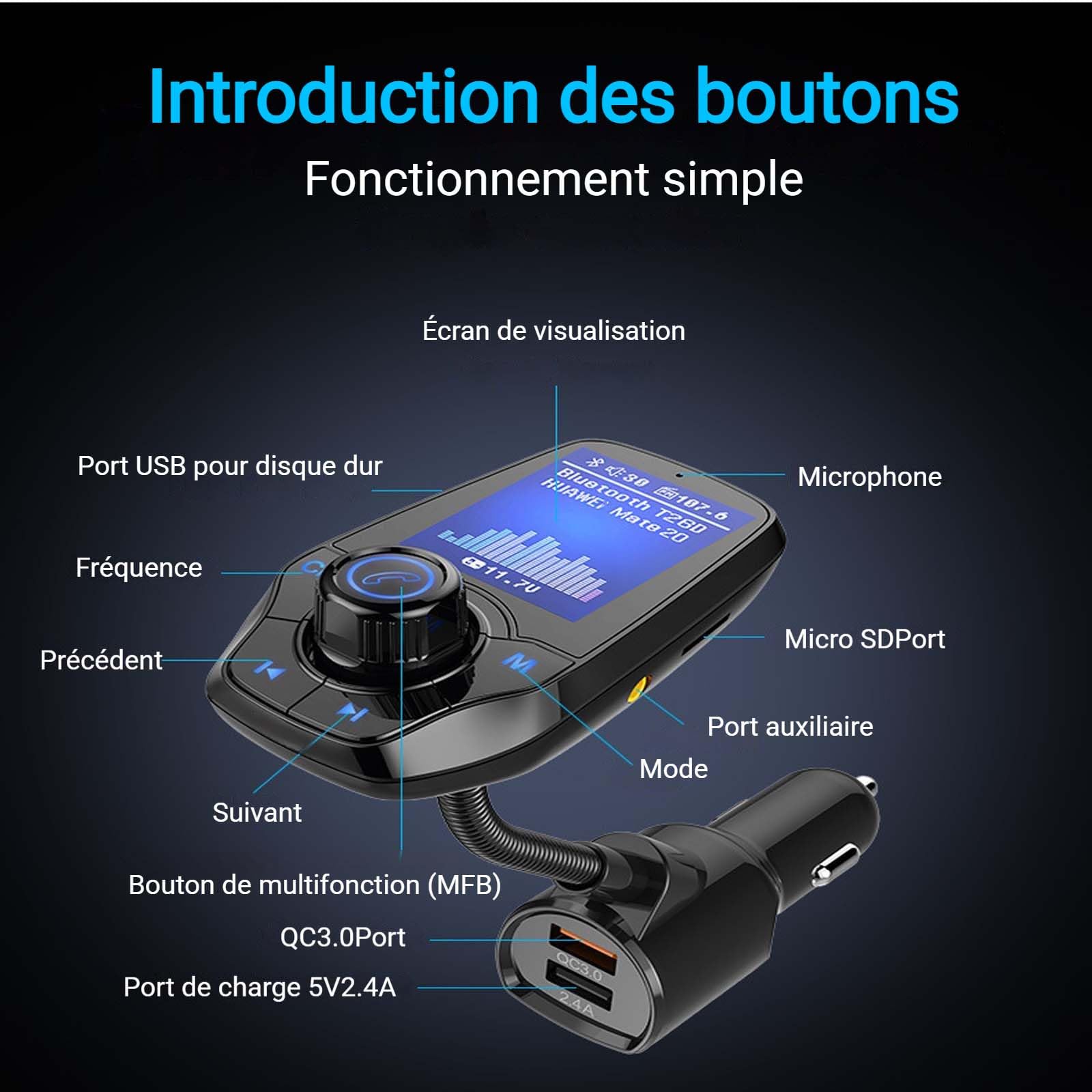 Transmetteur FM Bluetooth Voiture Adaptateur Voiture kit mainslibres Bluetooth Lecture Musicale par Carte TF