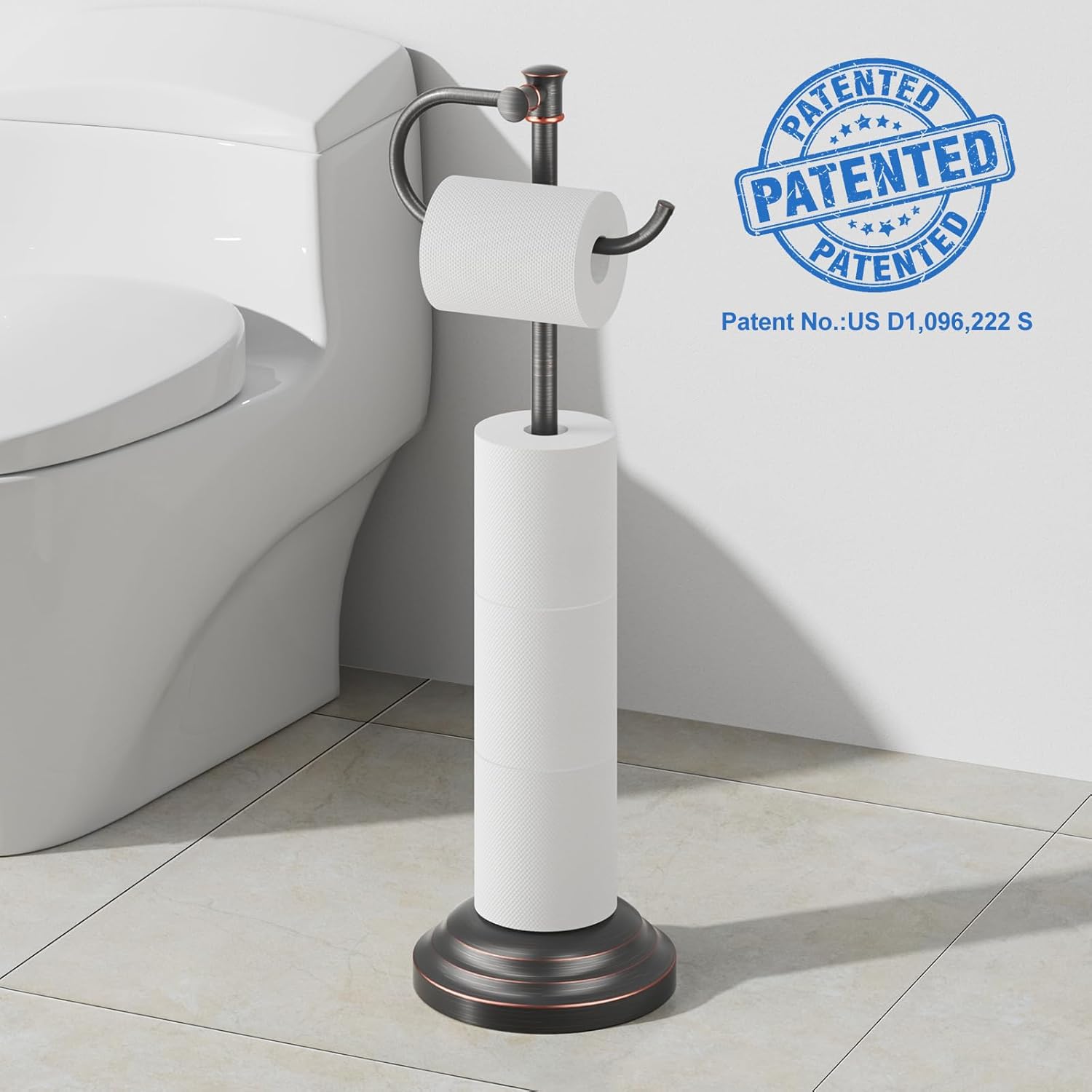 RUMOSE Toilet Paper Holder Stand for Floor, Oil Rubbed Bronze Bathroom Free Standing Toilet Tissue Roll Holder with Storage, Adjustable 17-25 Inch, SUS304 Stainless Steel