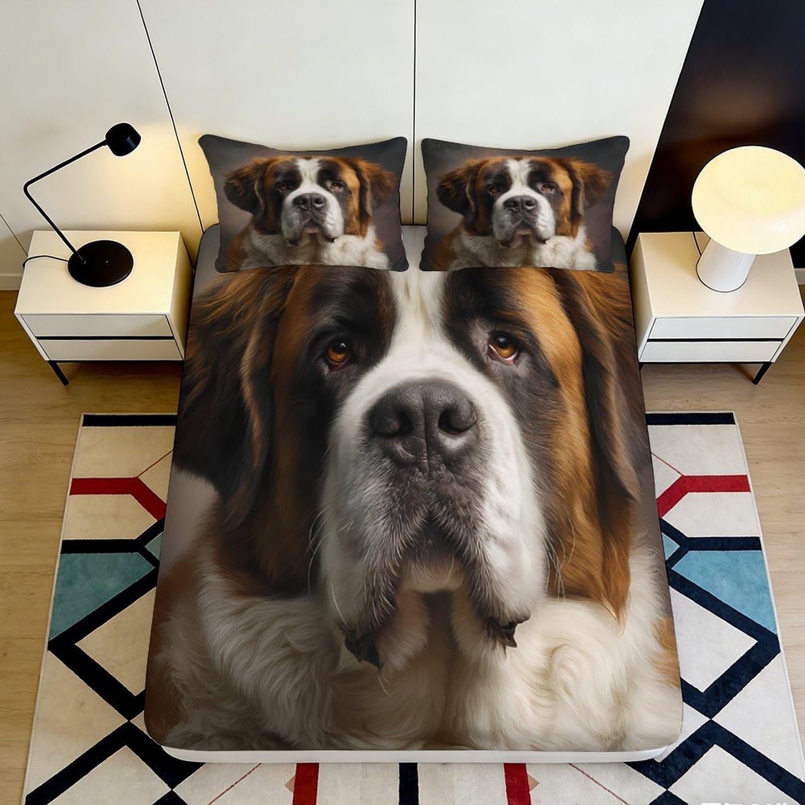 3D Printed Saint Bernard Dog Fitted Sheet Microfiber Soft Breathable Canine Face Bed Cover for Bedroom Dormitory Guest Room Mattress Protection Decor 140x200x25cm