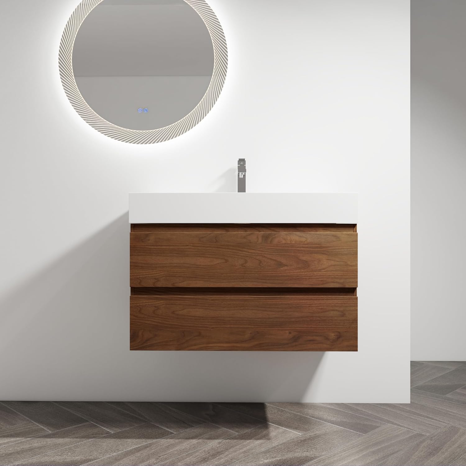 Wekuku Wall-Mounted Bathroom Vanity with Ceramic Sink: 2 Soft-Close Drawers, Floating Design, KD Packaging – Modern Bath Storage for a Contemporary Bathroom