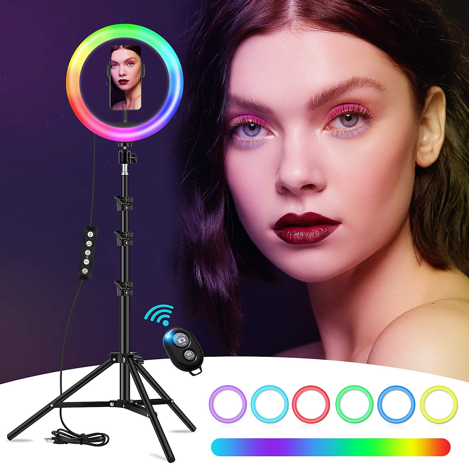Luce ad Anello dimmerabile RGB 10 Pollici, Luce ad Anello Flash a 14 Colori con Supporto per treppiede e Supporto per Telefono, per Video Youtube, Live Streaming, Trucco, per iOS e Android