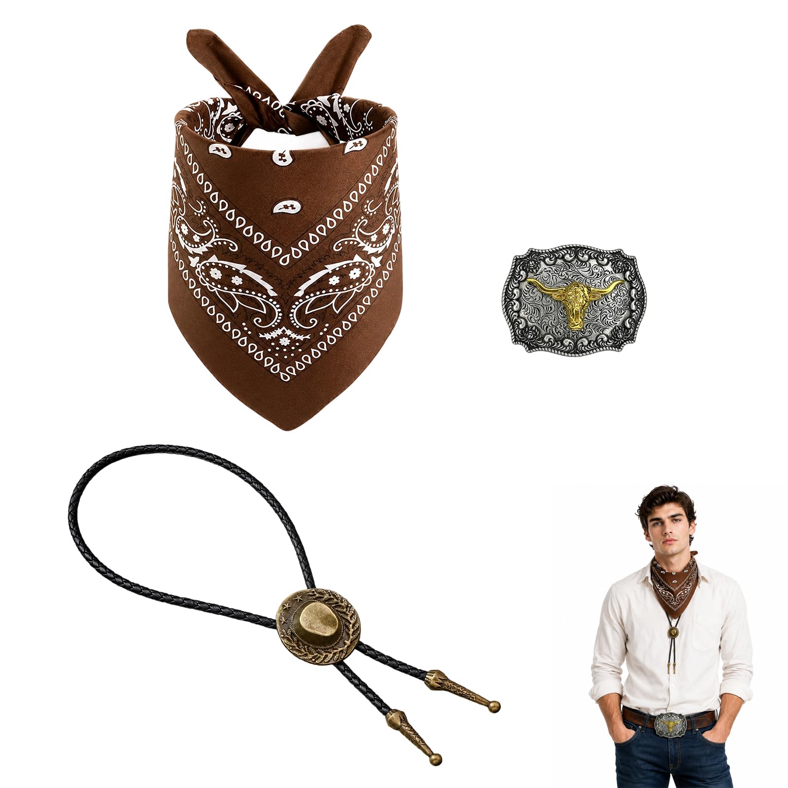 EujRcf 3PCS Western Cowboy Accessory, Cowboy Bandana and Bolo Tie, Western Fashion for Theme Parties and Cosplay, Cowboy Belt Buckle Included, Western Costume Ensemble for Country Music Festival