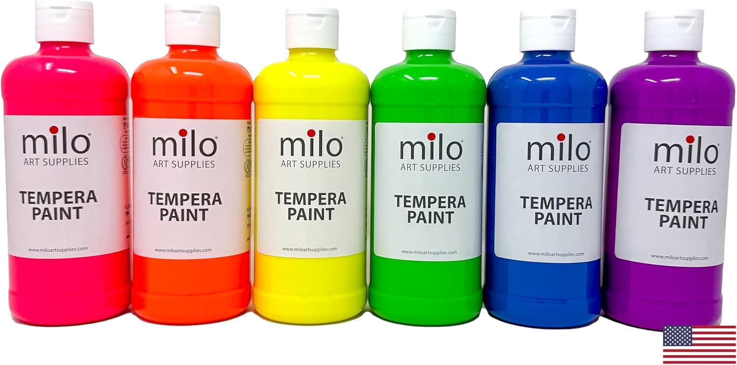 milo Fluorescent Neon Washable Tempera Paint | 16 oz Bottles 6 Colors | Made in the USA | Glows UV in Black Light | Safe & Non-Toxic Paint for Arts & Crafts, Poster, Window, Classroom, School, Project