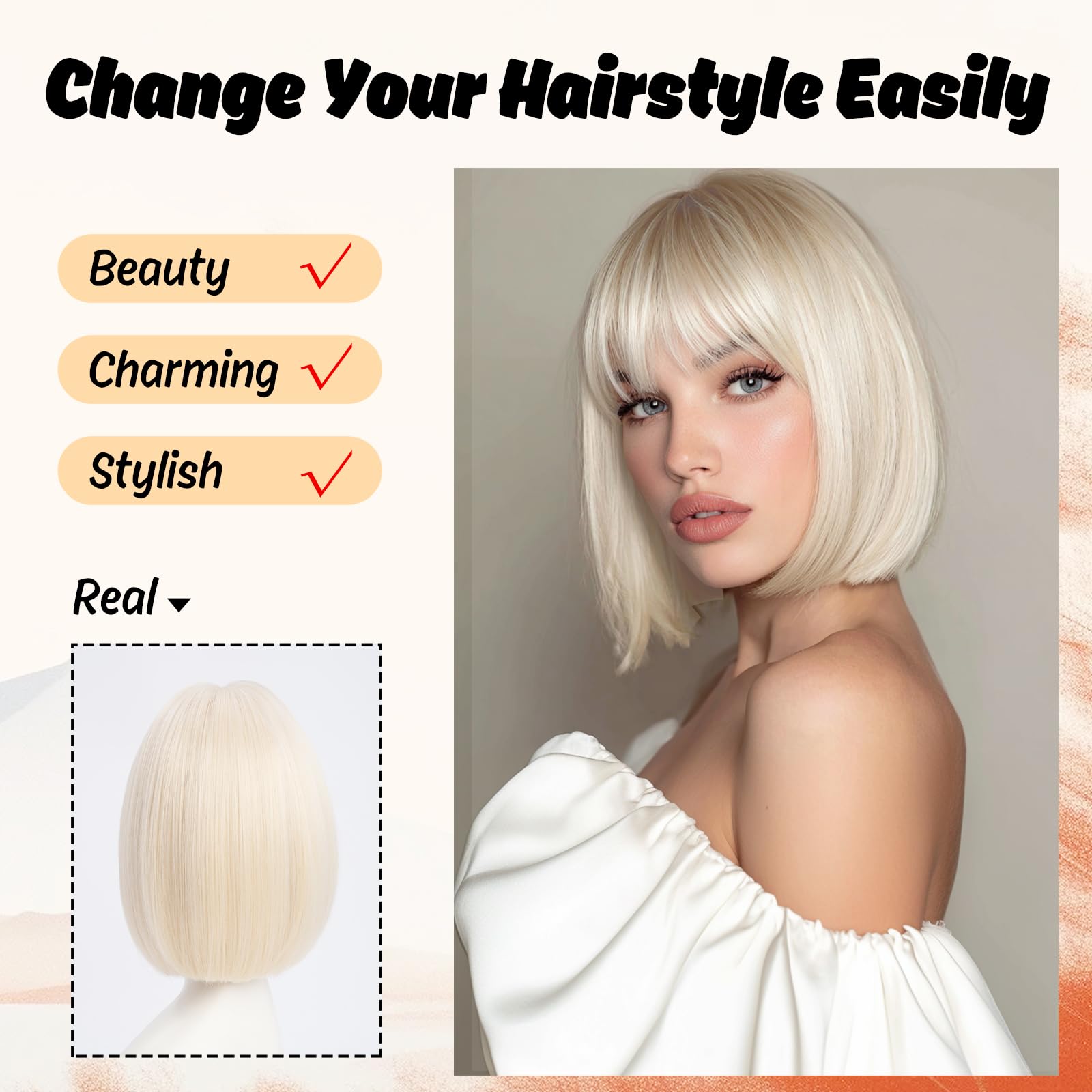 YaissmyLu Short Platinum Blonde Straight Wig with Bangs Light Blonde Bob Wigs for Women Natural Looking 613 Blonde Synthetic Hair Heat Resistant Fiber Wig for Daily Party Cosplay (10 inch) - Image 3