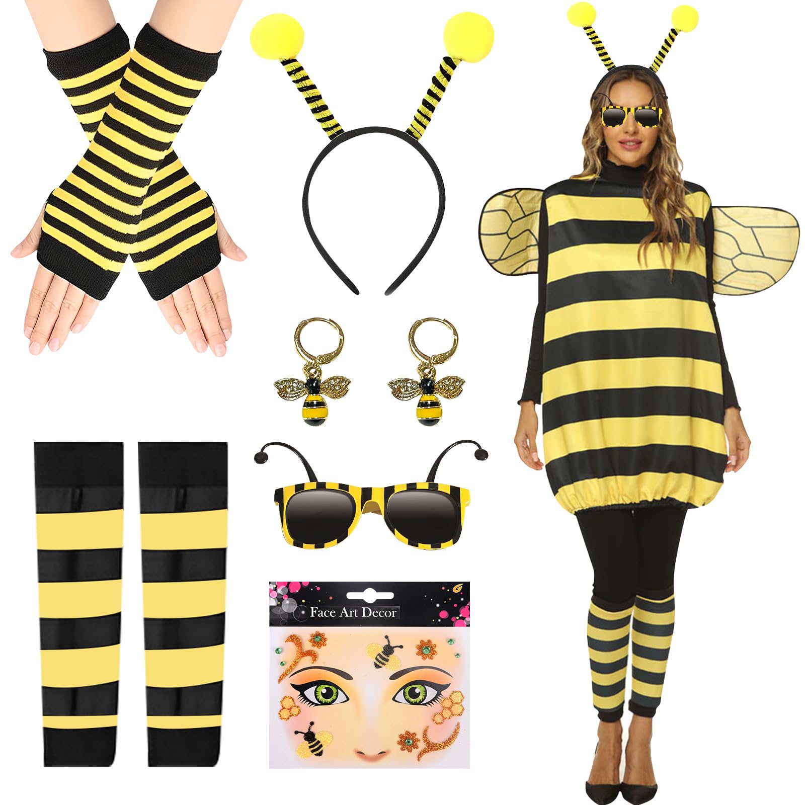 Disfraz de Abeja para Mujer Adulto, 7PCS Disfraz Abeja Mujer de Carnaval con Trajes de Abejas Alas, Diadema, Guantes, Calcetines, Pendientes, Gafas, Pegatinas de Abeja para Cosplay Carnaval Fiesta
