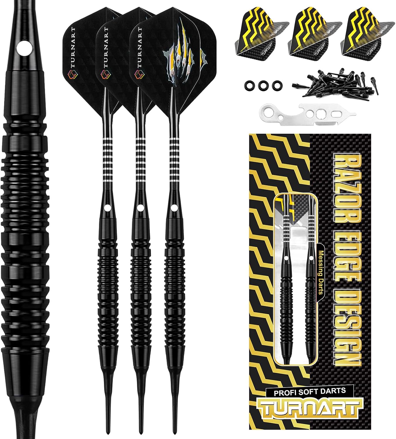 Turnart Darts with Plastic Tip 18 g Brass Soft Darts Professional Darts for Electronic Dartboard Dart Set with 30 Darts Tips 6 Flights 6 Flights 1 Tool and 3 O-Rings