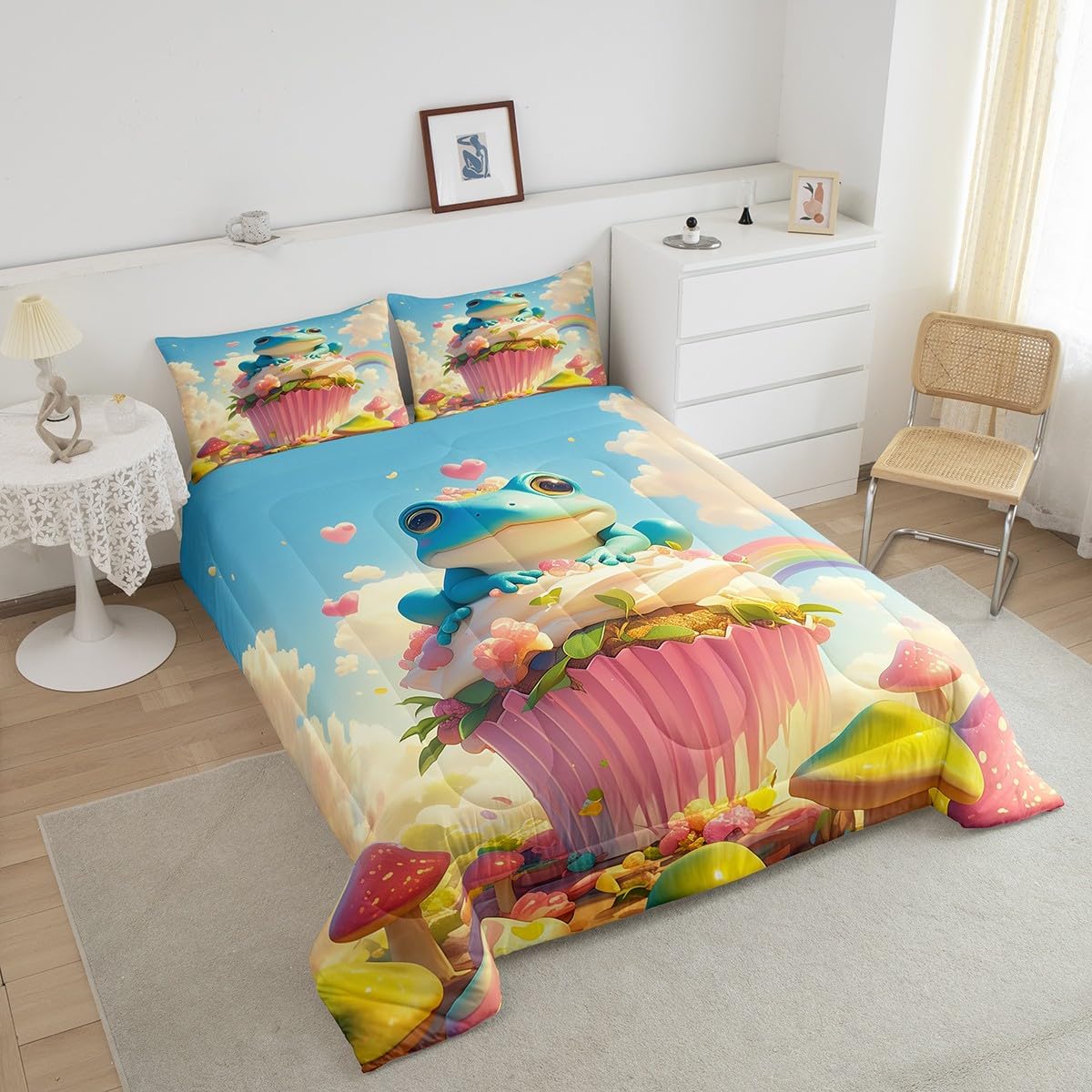 Kawaii Frog Cake Comforter Queen for Kids Adults Youth,3D Cup Cake Dreamy Jungle Mushroom Quilt Comforter Room Decor,Watercolor Rainbow Cartoon Sky Quilted Duvet Duvet Insert,2 Pillowcases