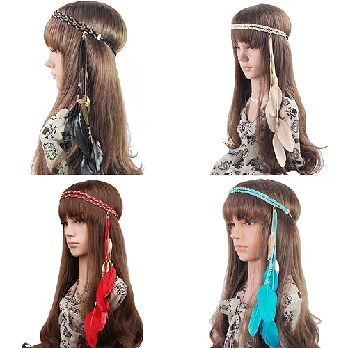 Miniatura 6 de Diadema de plumas bohemias, bandas para el pelo de hojas indias hippie con borlas, aros bohemios para el cabello, diadema para mujer, Halloween,