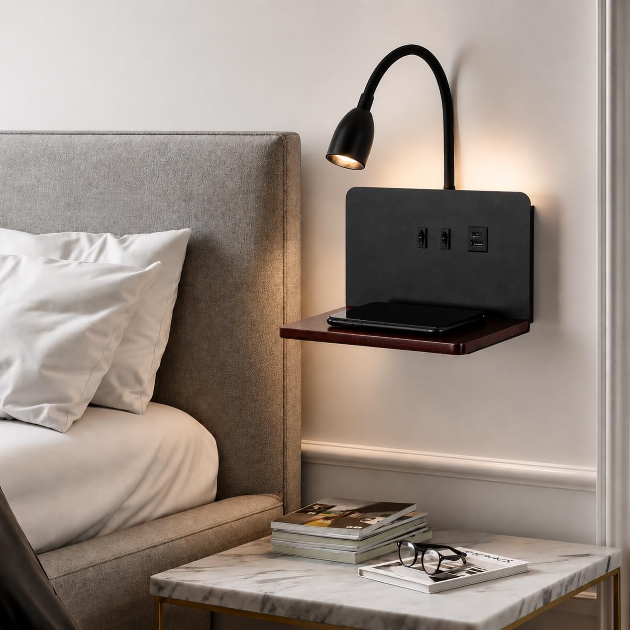 Schwarz LED Wandleuchte innen Holz Wandlampe schlafzimmer mit USB-A&USB-C Anschluss+15W Wireless Charger, Flexibler Schwanenhals Leselampe Bett 3 Farbtemperatur Modi, Bettlampe mit Stecker 1,5m Kabel