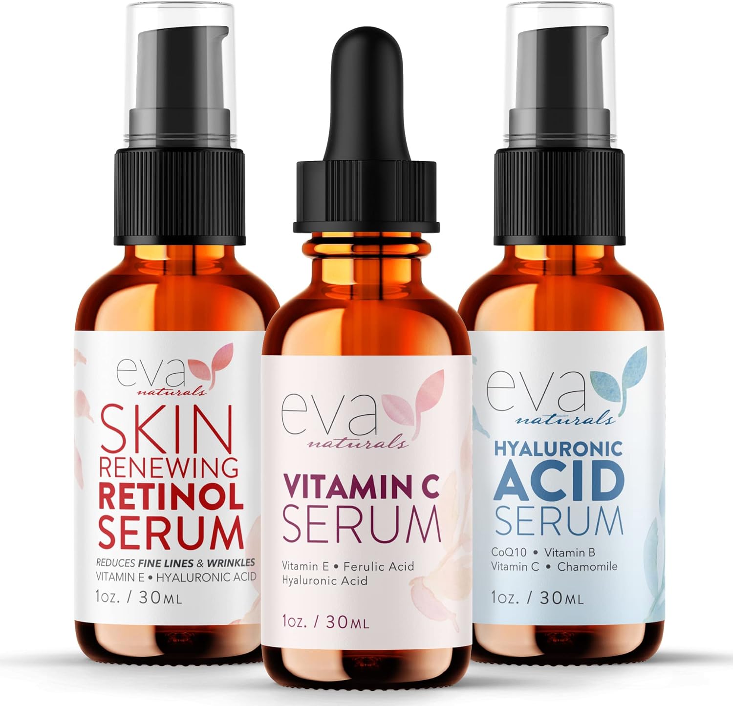 Eva Naturals Anti-Aging Serum Bundle – Vitamin C Serum, Hyaluronic Acid Serum, and Retinol Serum – Facial Skin Care Products – Hydrate, Wrinkles, Lines – Acid Serum, Vitamin C Serum, Serum for Face