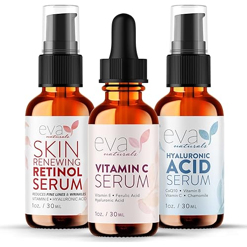 Eva Naturals Anti-Aging Serum Bundle - Vitamin C Serum, Hyaluronic Acid Serum, and Retinol Serum - Facial Skin Care Products - Hydrate, Wrinkles, Lines - Acid Serum, Vitamin C Serum, Serum for Face