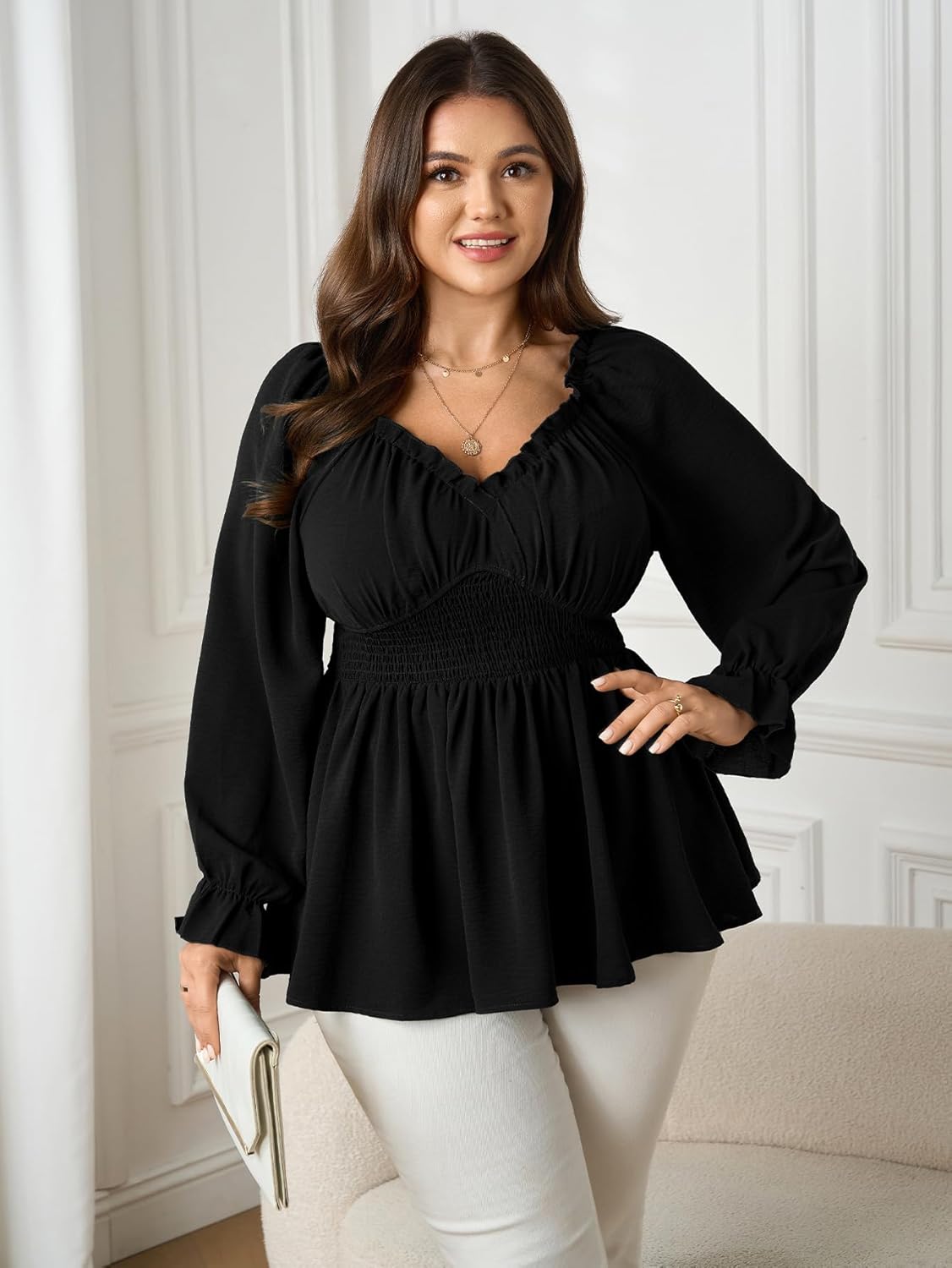 SCOMCHIC Womens Plus Size Tops Long Sleeve Blouse Ruffle Sweetheart Neckline Smocked Peplum Babydoll Top - Image 3
