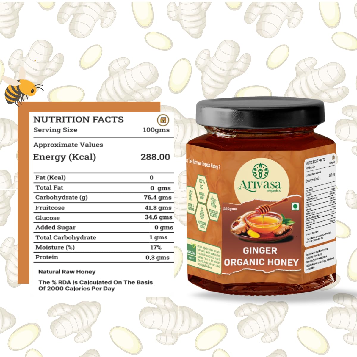 Arivasa Organics Ginger Honey 250g | Natural Raw Organic Honey | Unprocessed Herbal Forest Honey for Cough, Cold & Digestion | Sugar-Free Immunity Booster for Daily Use