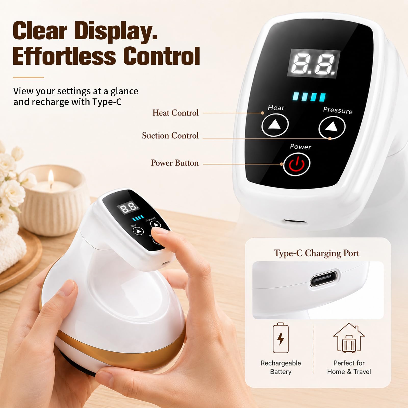 Schröpfgerät Elektrisch - 4 in 1 Elektrisches Schröpfmassagegerät, Vakuummassagegerät Gegen Cellulite 9 Temperatur- und Saugstufen, Digitales Display, USB-Ladung, für zu Hause oder auf Reisen
