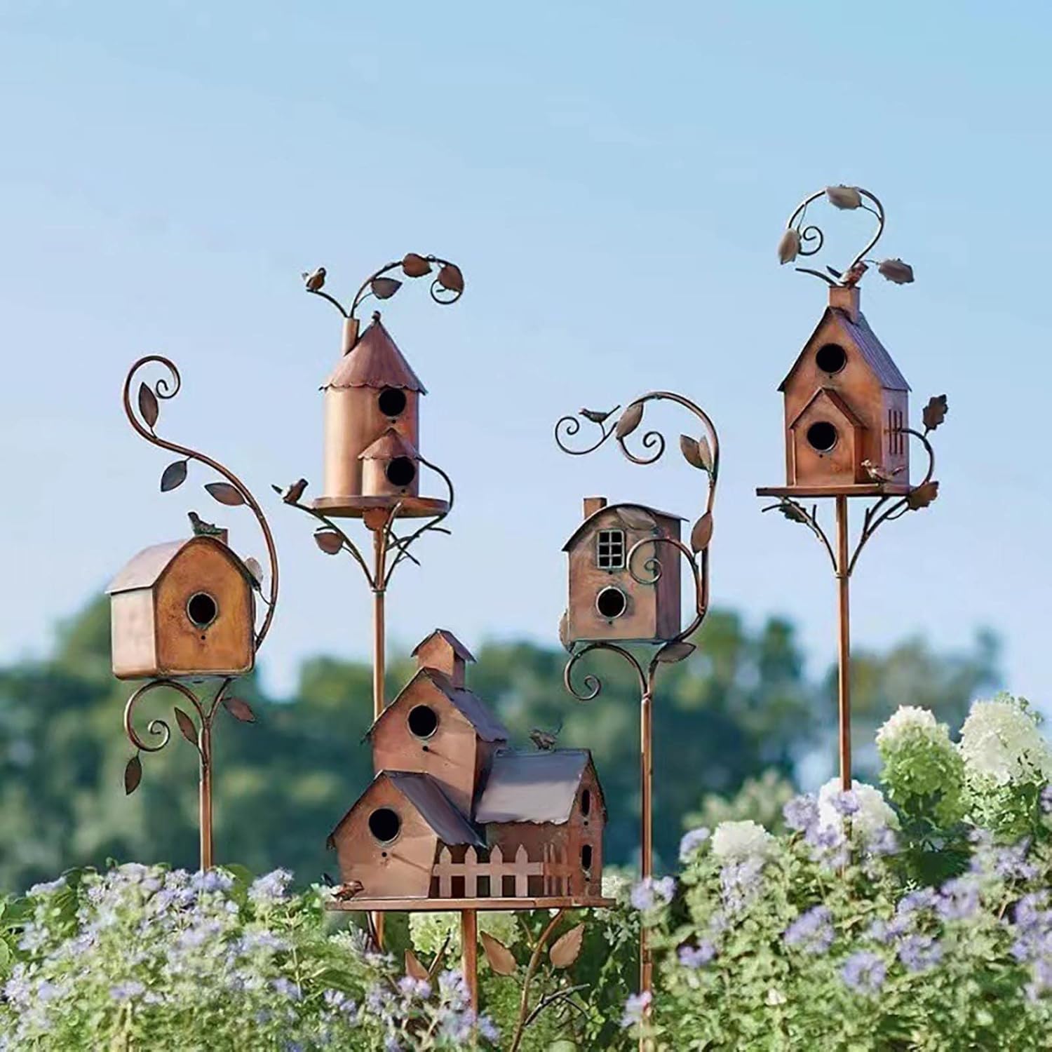 Birdhouse Garden Stakes, Metal Bird House with Pole