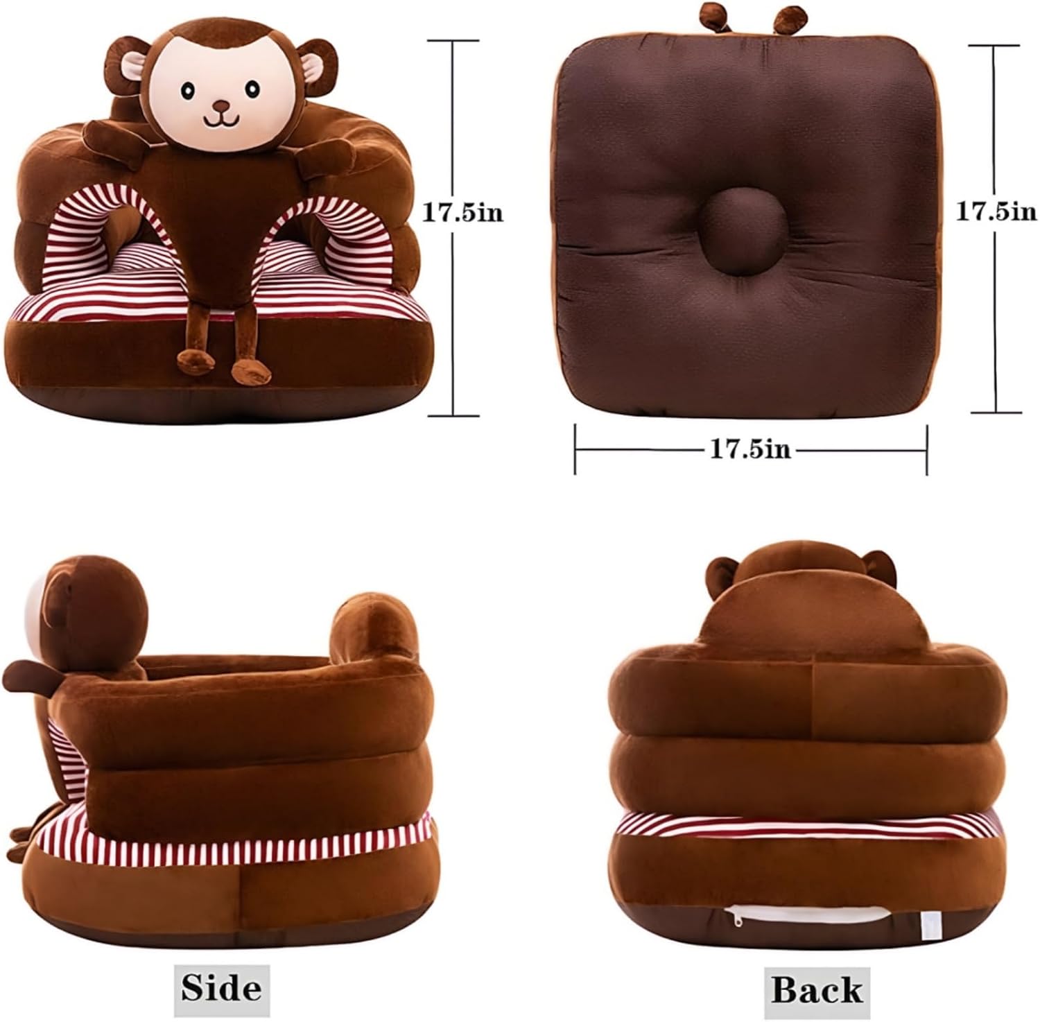 Baby Support Seat, Cute Baby Sofa Chair for Sitting Up, Comfy Plush Infant Seats (Monkey,W17.5 x H17.5)