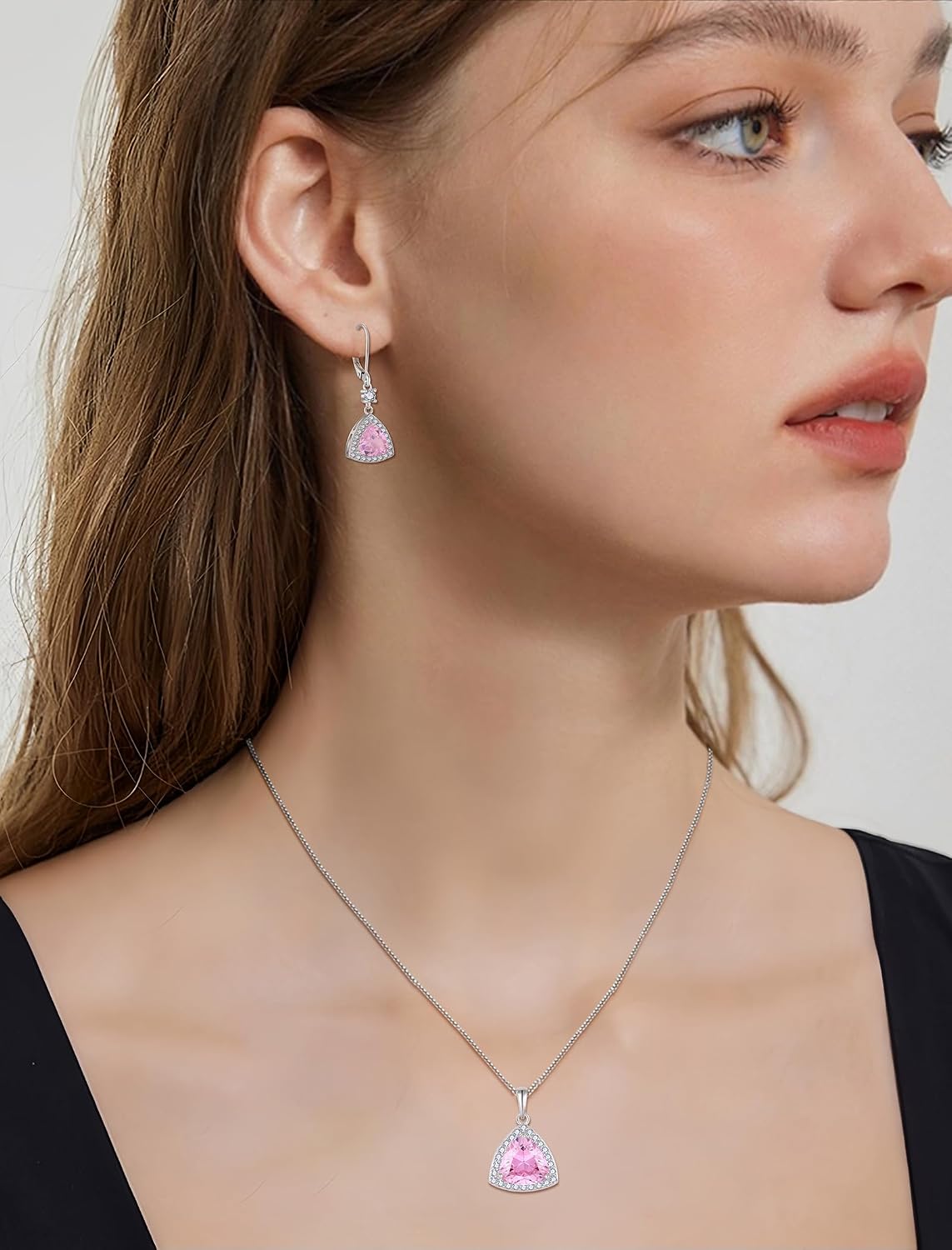 Triangle Jewelry Set for Women 925 Sterling Silver Halo Pink Tourmaline Necklace Dangle Drop Leverback Earrings October Birthstone Jewelry for Her