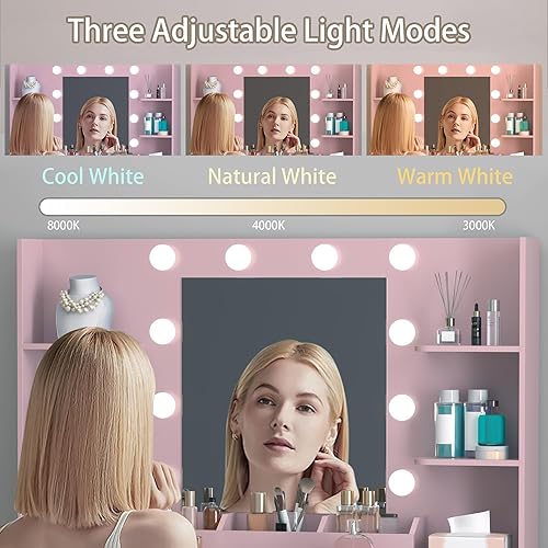 Miniatura 3 de Escritorio de Tocador con Espejo y Luces, Mesa de Tocador de Maquillaje con Estación de Carga, 3 Modos de Iluminación, Gran Espacio de