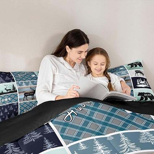 Miniatura 4 de Juego de edredón de oso y ciervo, tamaño individual, ropa de cama de animales salvajes de caza, colcha rústica de cabaña, casa de campo, cuadros