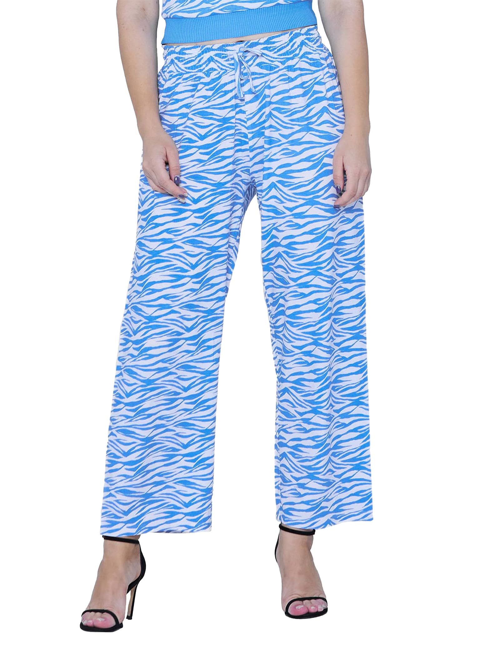 Enorsia Womens Zebra Print Straight Leg Trousers with Elasticated Waist, Drawstring, Straight Fit, Allover Printed and Soft Fabric (Blue, 16)