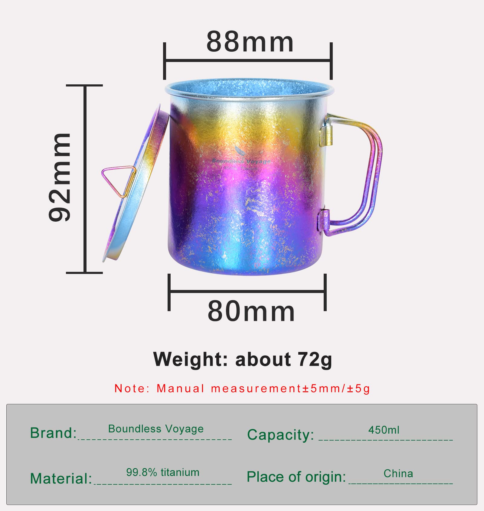Boundless Voyage Titanium Cup 450ml/15oz Camping Cups & Mugs with Lid Ultralight Drinking Cup for Outdoor, Hinking, Garden Ti3055D (Multicolor)