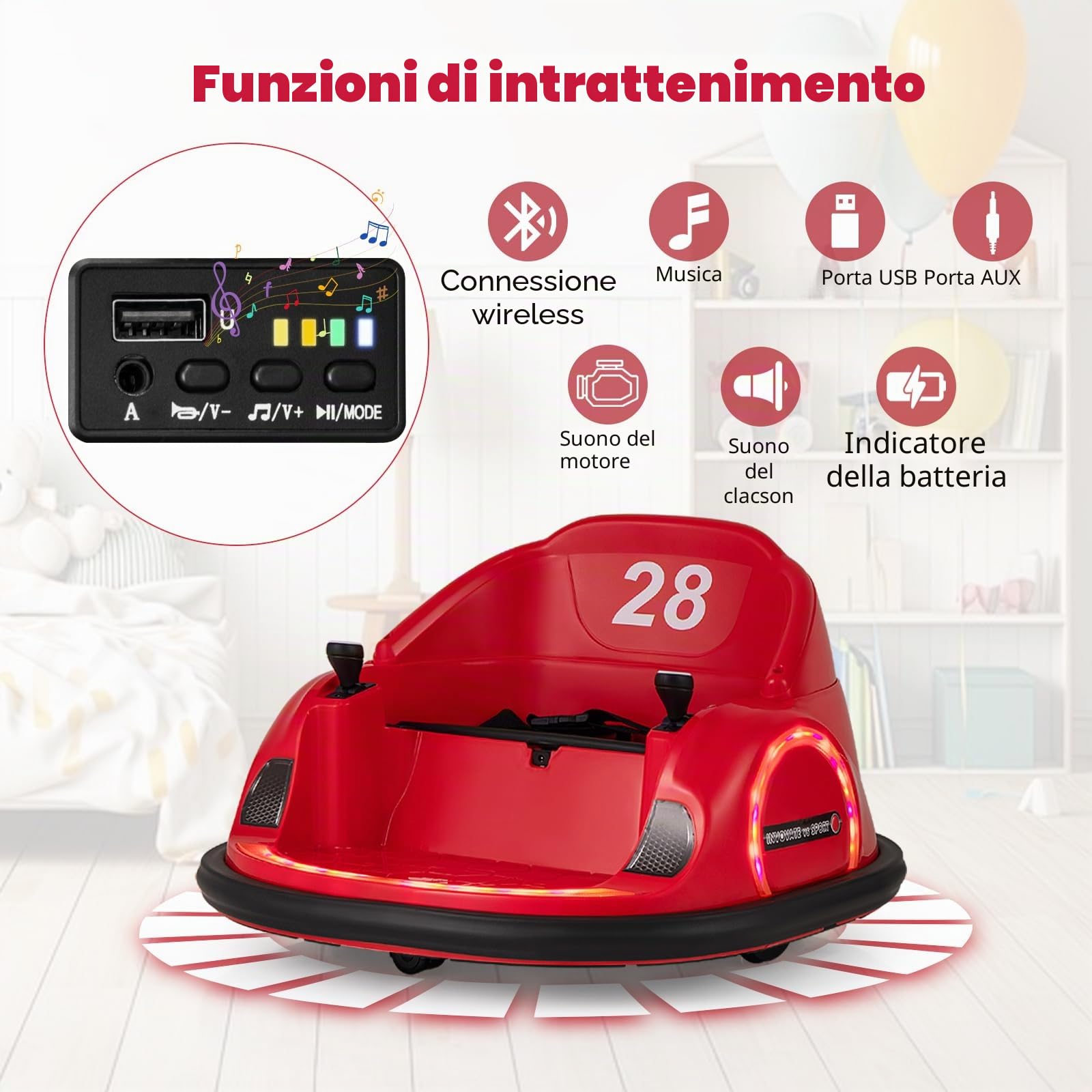 SOARS Autoscontro Elettrico per Bambini 6V, Macchina Elettrica per Bambini Rotante a 360°, Telecomando 2,4G, 2 Modalità di Controllo, Clacson e Musica, Carico 25 KG, 18 Mesi+ (Rosso)