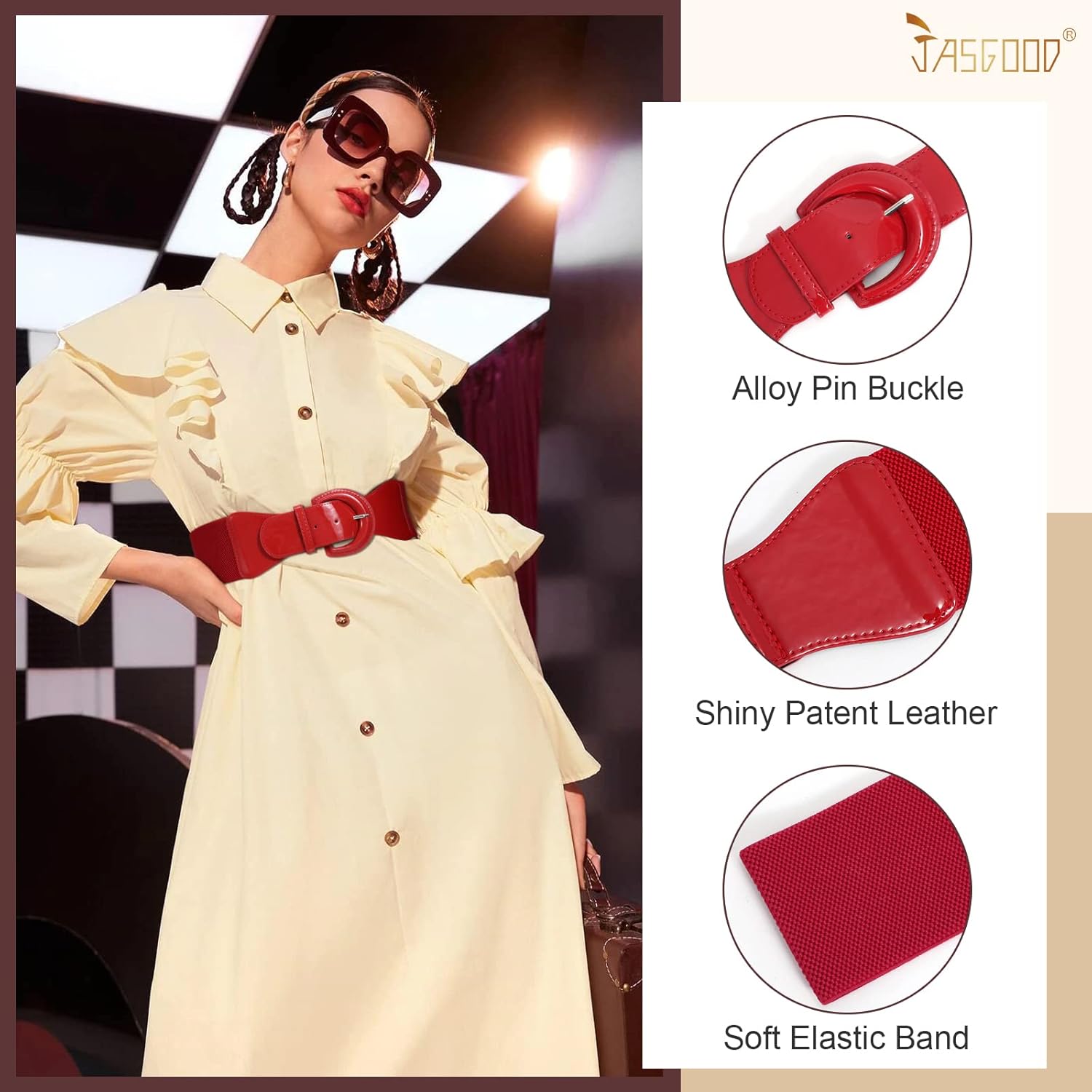 JASGOOD Women Wide Stretch Belt,Vintage Chunky Buckle Elastic Waist Belts Patent Leather Belt 50s Belt for Dress - Image 3