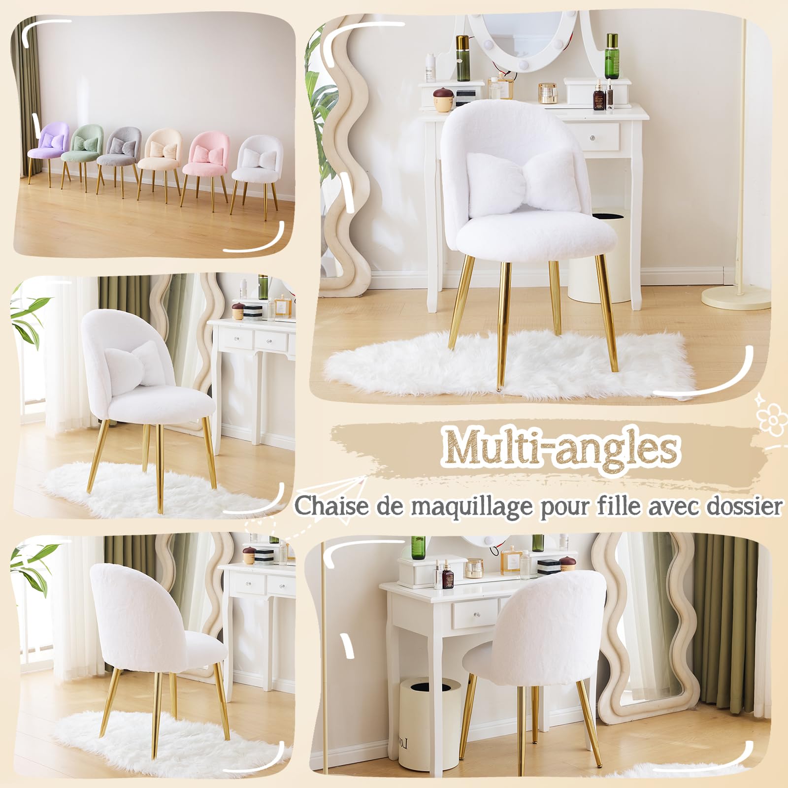 Bonnlo Poltrona Relax, Sedia da toeletta, Poltrona con Cuscino Nodo, Schienale Curvo senza Braccioli, per Soggiorno, Ufficio, Camera da letto, Peluche Coniglio, Bianco, 55 x 48 x 78,5 cm