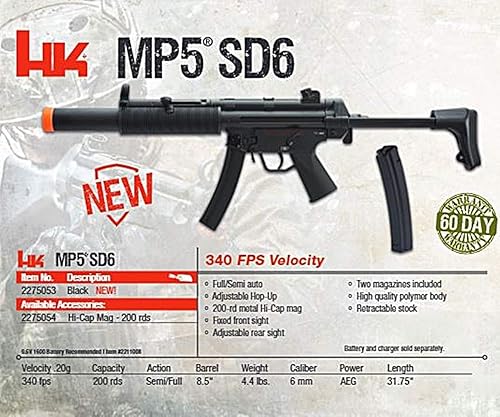 Miniatura 6 de HK Heckler & Koch MP5 SD6 AEG Rifle BB automático de 0.236 in pistola de Airsoft, color negro