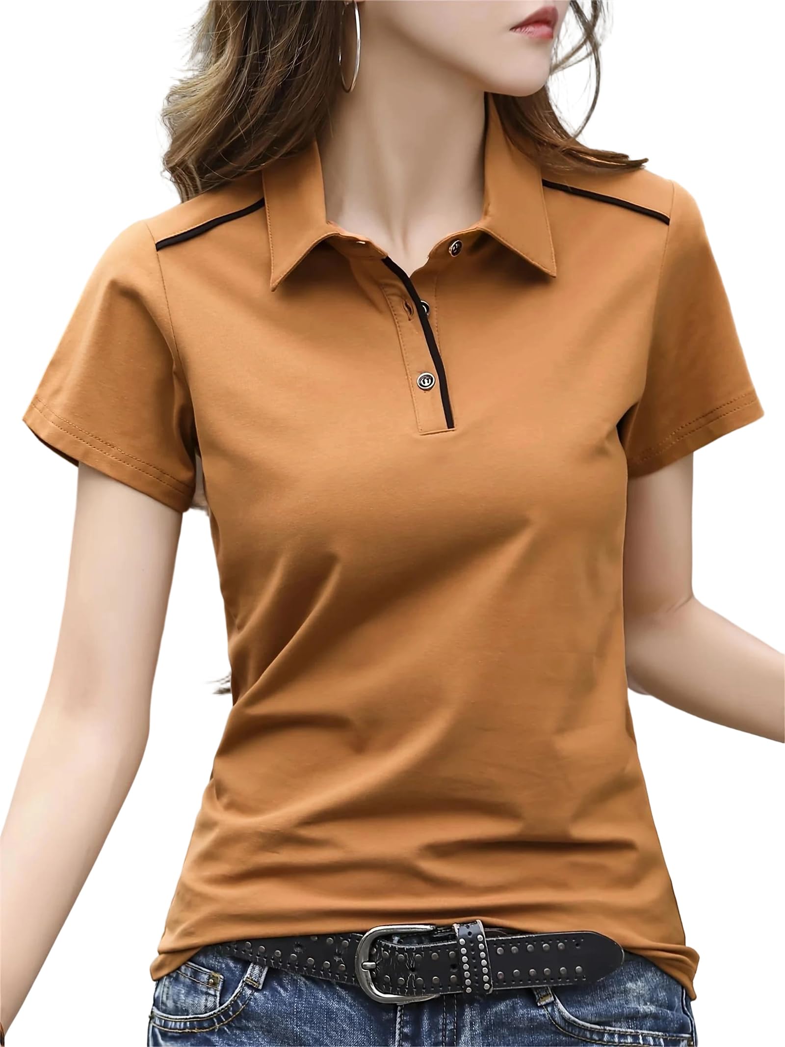 Polos de mujer manga corta y cuello vuelto ropa casual transpirable punto liso